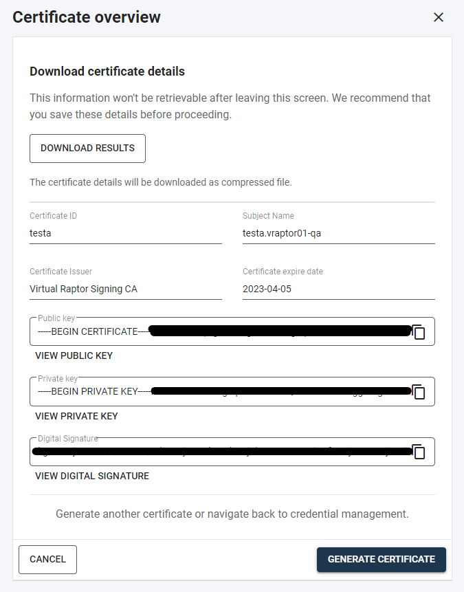 Credential Manager Certificate Screen Example